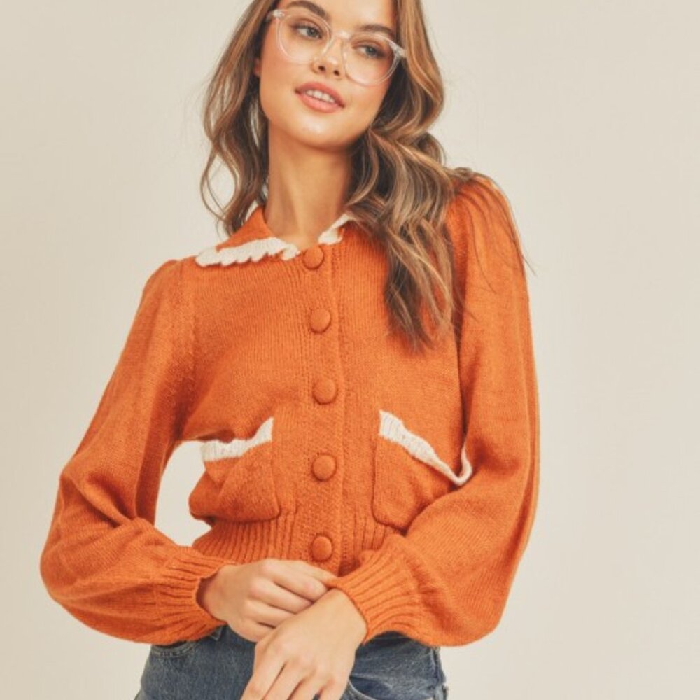 Vintage‑Inspired Scallop Trim Knit Cardigan